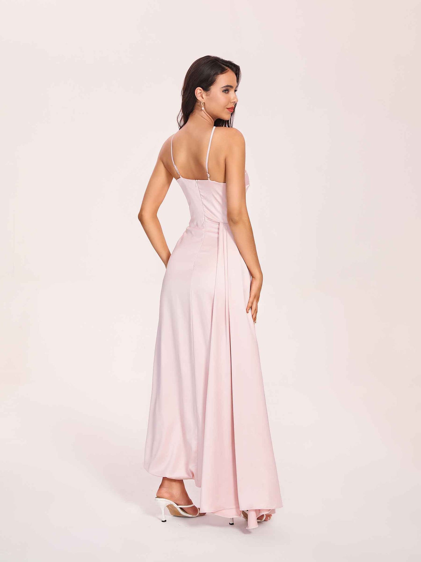 Sexy Satin Halter Strap Sheath Bridesmaid Dresses Side Slit Pleats Floor Length