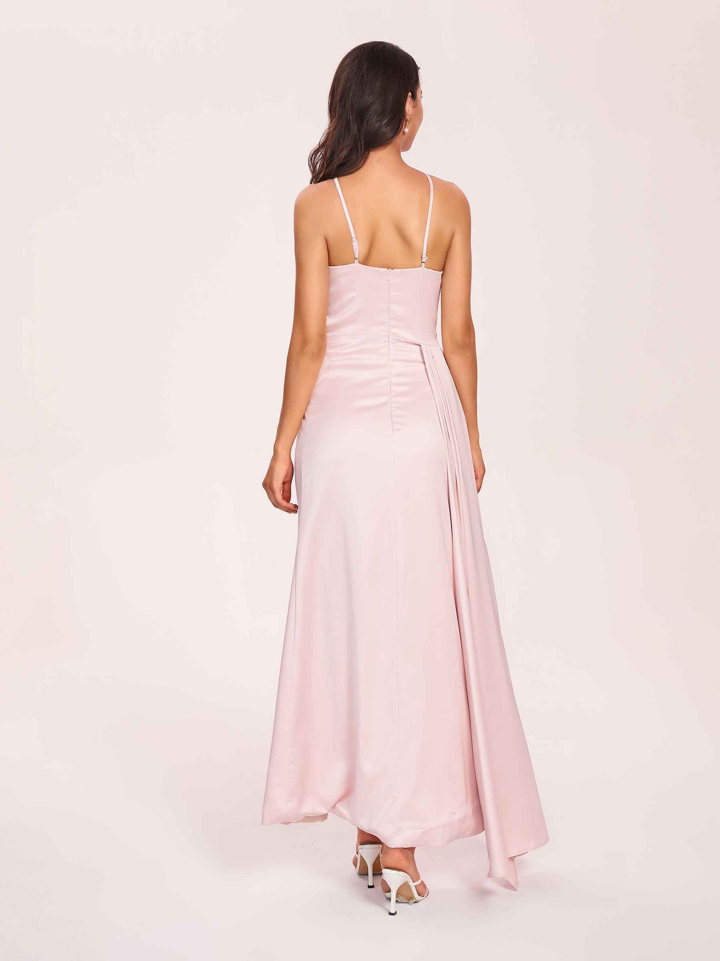 Sexy Satin Halter Strap Sheath Bridesmaid Dresses Side Slit Pleats Floor Length