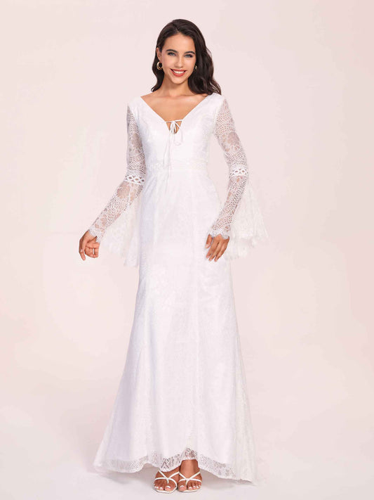 Long Sleeves Boho V-neck Lace-up Back Mermaid Lace Floor Length Wedding Dress