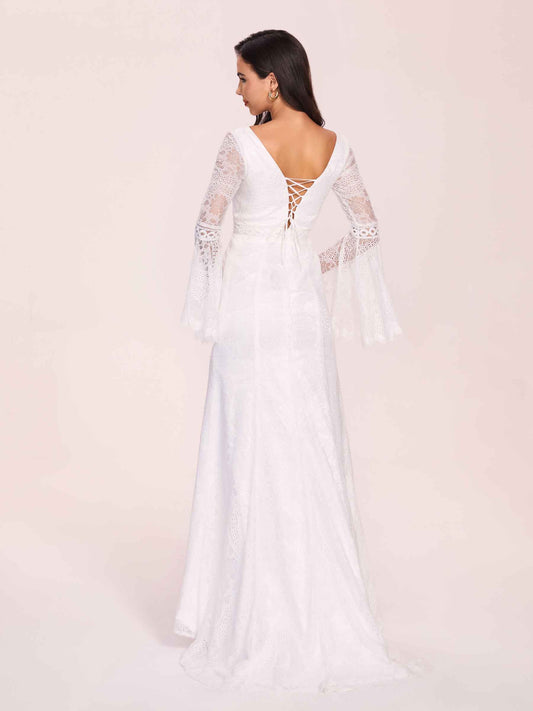 Long Sleeves Boho V-neck Lace-up Back Mermaid Lace Floor Length Wedding Dress