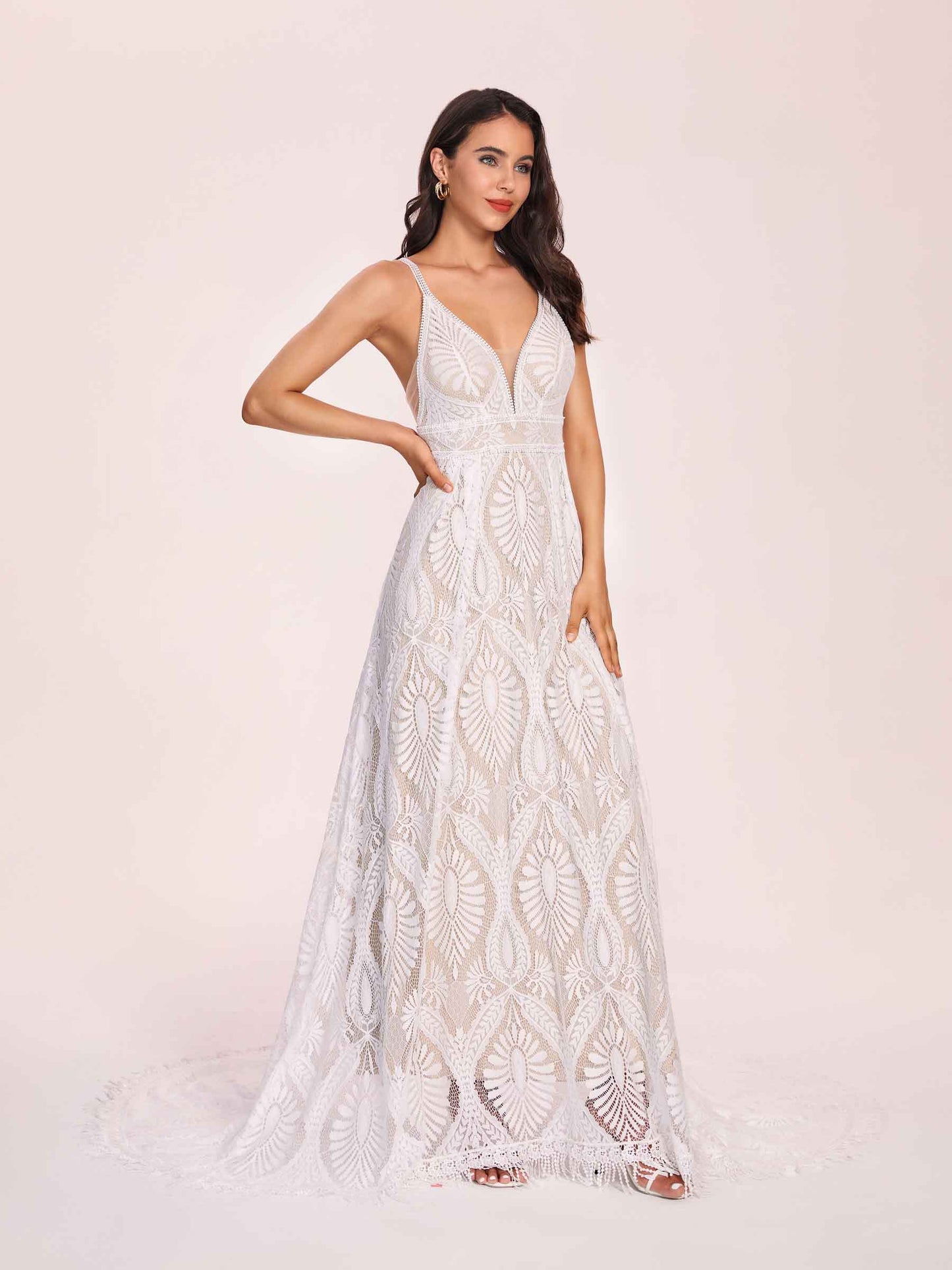 Boho Lace V-neck Long Sleeves Open Back A-line Floor Length With Train Wedding Dress
