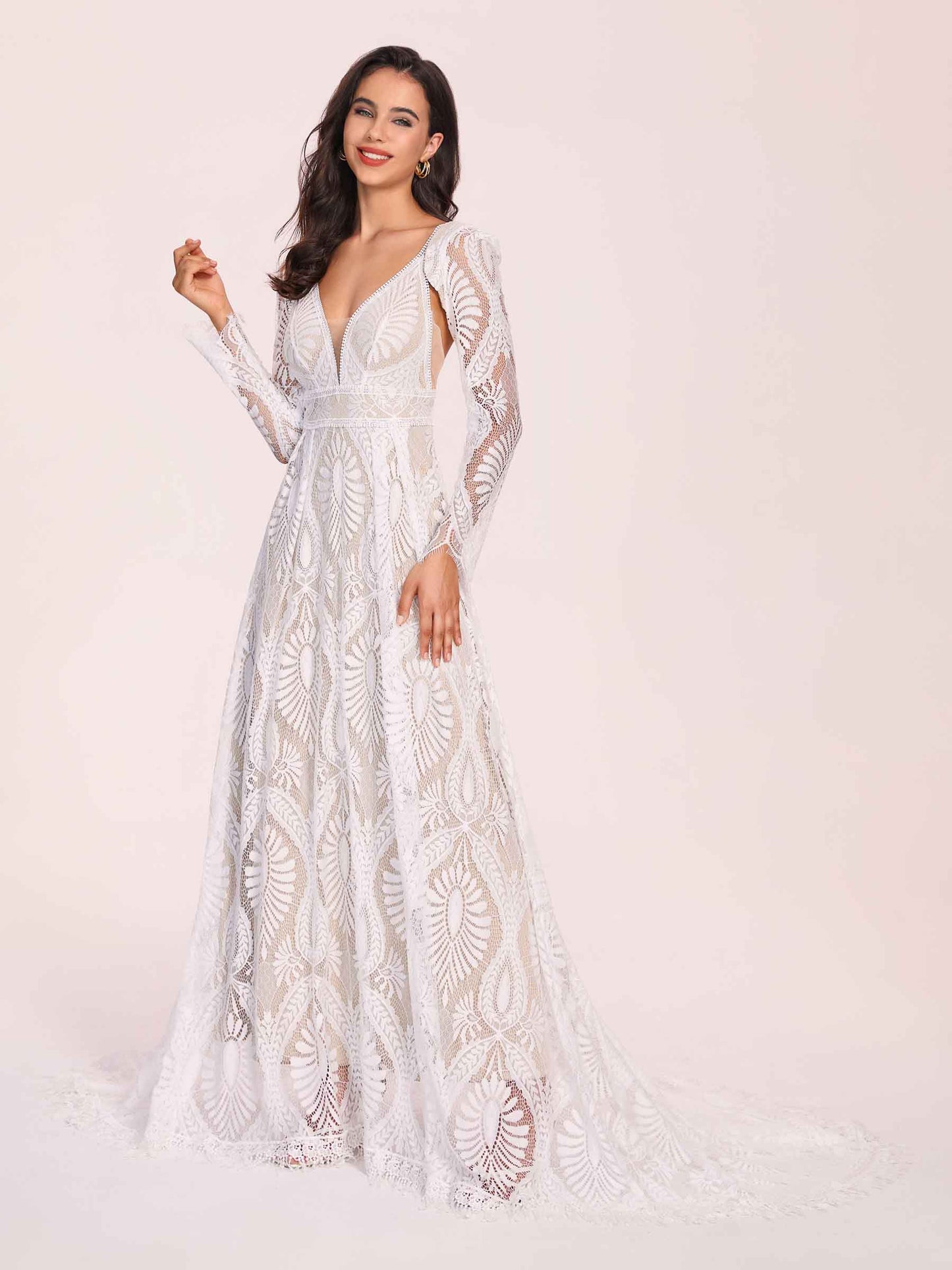 Boho Lace V-neck Long Sleeves Open Back A-line Floor Length With Train Wedding Dress