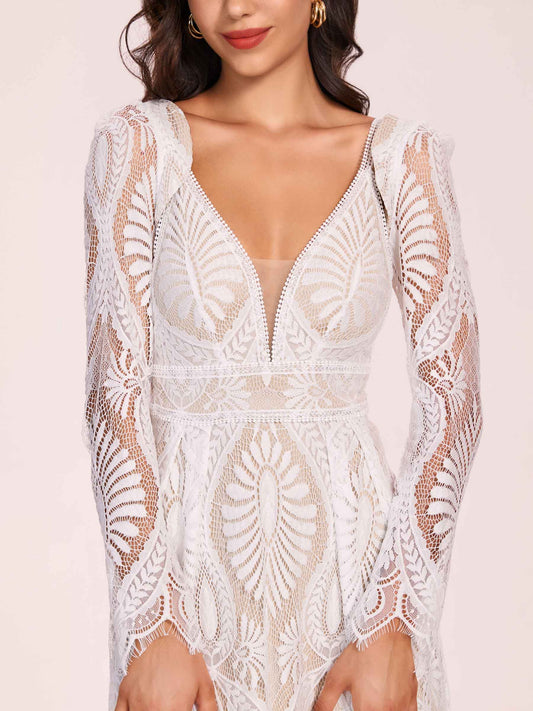 Boho Lace V-neck Long Sleeves Open Back A-line Floor Length With Train Wedding Dress