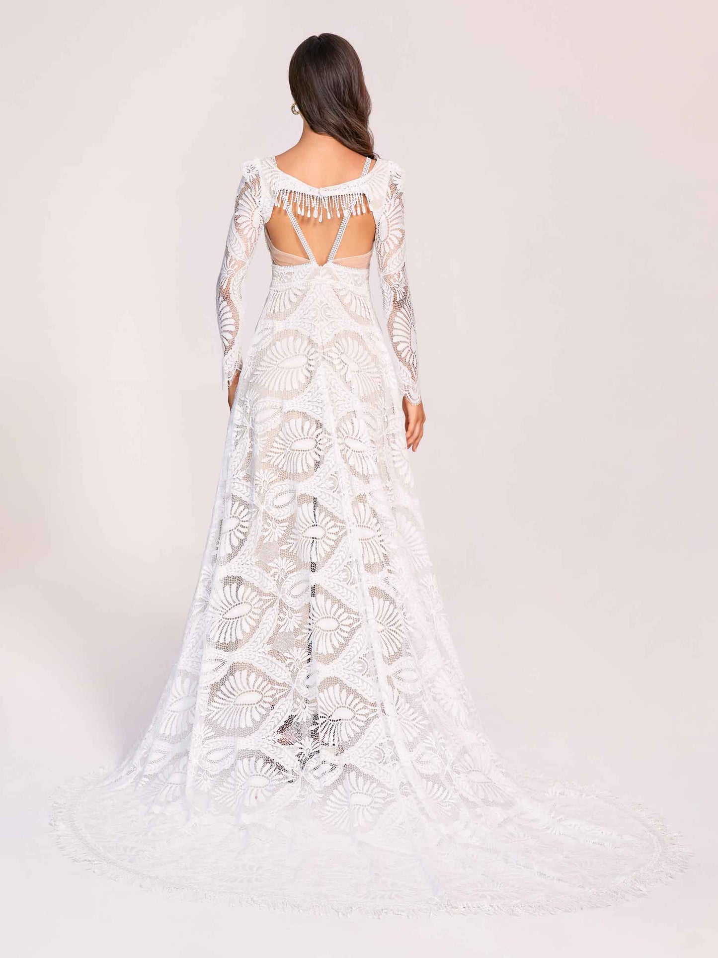 Boho Lace V-neck Long Sleeves Open Back A-line Floor Length With Train Wedding Dress