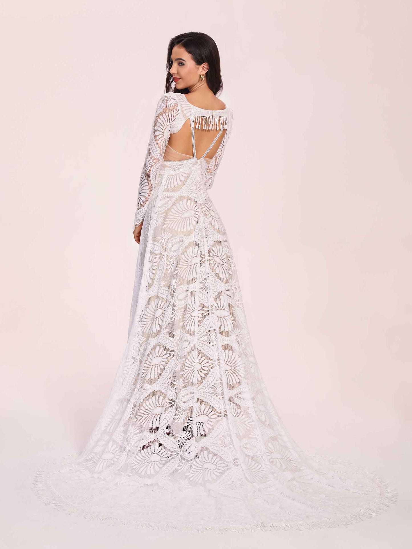Boho Lace V-neck Long Sleeves Open Back A-line Floor Length With Train Wedding Dress