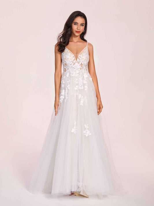 Sexy V-neck Open Back Spaghetti Straps A-line Long Train Wedding Dress