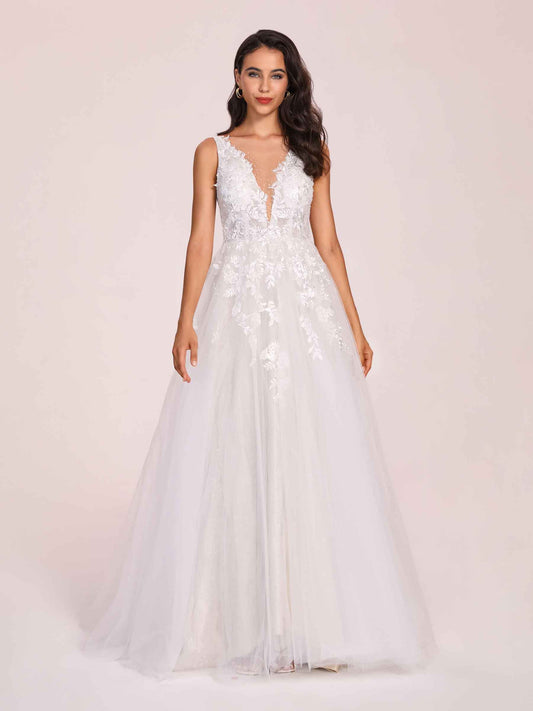 Sexy Sleeveless V-neck Open Back Appliques Boho A-line Long Wedding Dress
