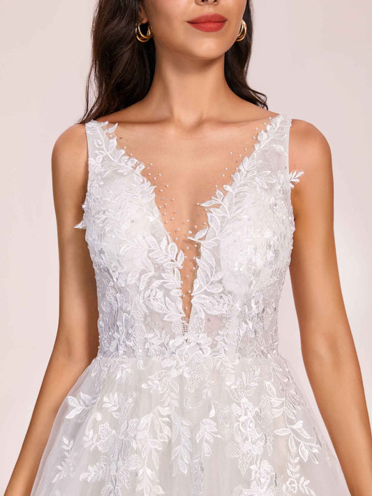 Sexy Sleeveless V-neck Open Back Appliques Boho A-line Long Wedding Dress