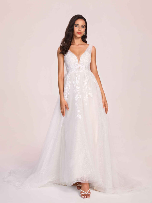 Elegant V-neck Appliques Boho A-line Floor Length Wedding Dress
