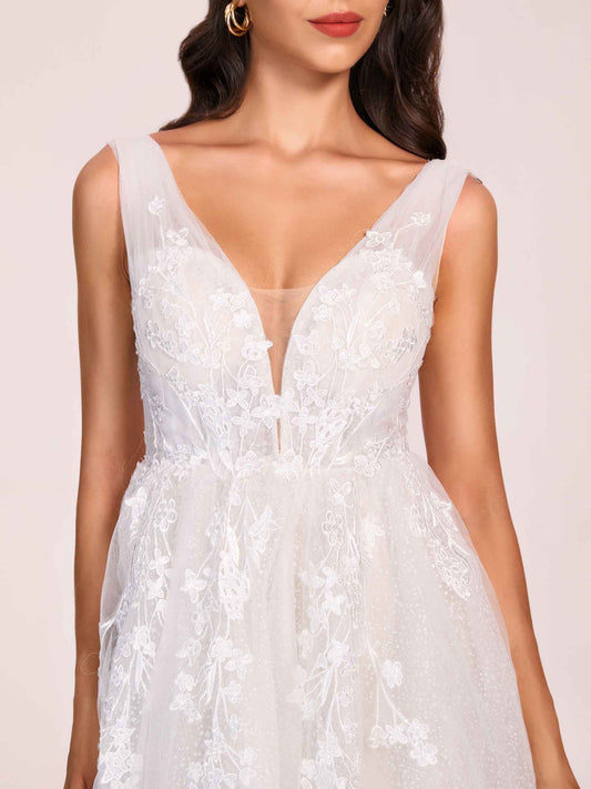 Elegant V-neck Appliques Boho A-line Floor Length Wedding Dress