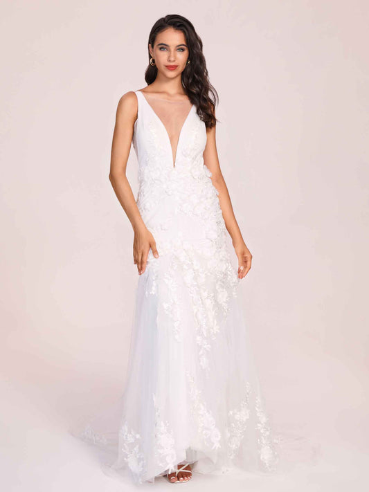 Sexy V-neck Open Back Mermaid Lace Floor Length Wedding Dress