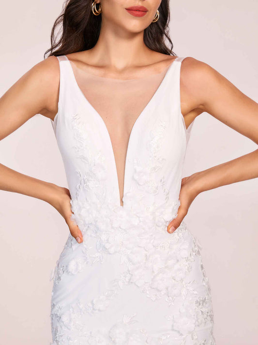 Sexy V-neck Open Back Mermaid Lace Floor Length Wedding Dress
