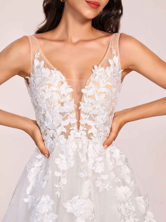Elegant V-neck Open Back A-line Lace Floor Length Wedding Dress