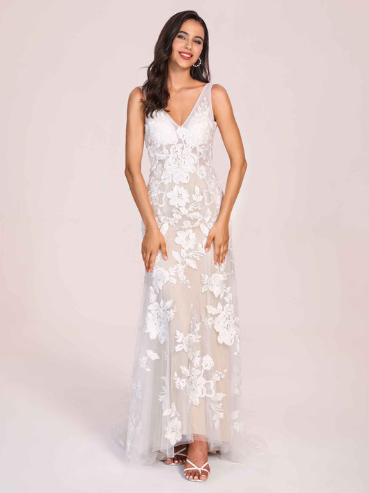 Sexy V-neck Open Back Mermaid Lace Floor Length Wedding Dress