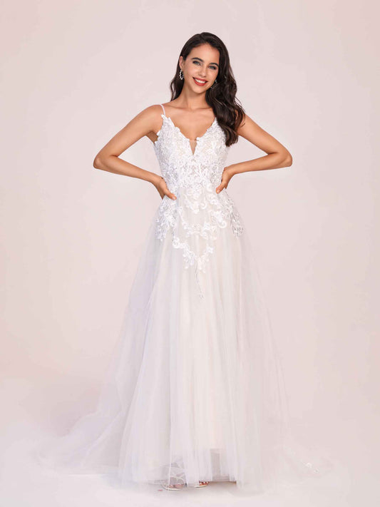 Hot V-neck Open Back A-line Spaghetti Strap Lace Floor Length Wedding Dress