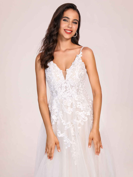 Hot V-neck Open Back A-line Spaghetti Strap Lace Floor Length Wedding Dress
