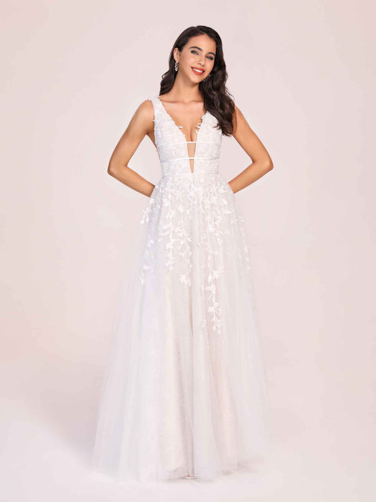 Fancy V-neck A-line Zipper Back Lace Floor Length Wedding Dress