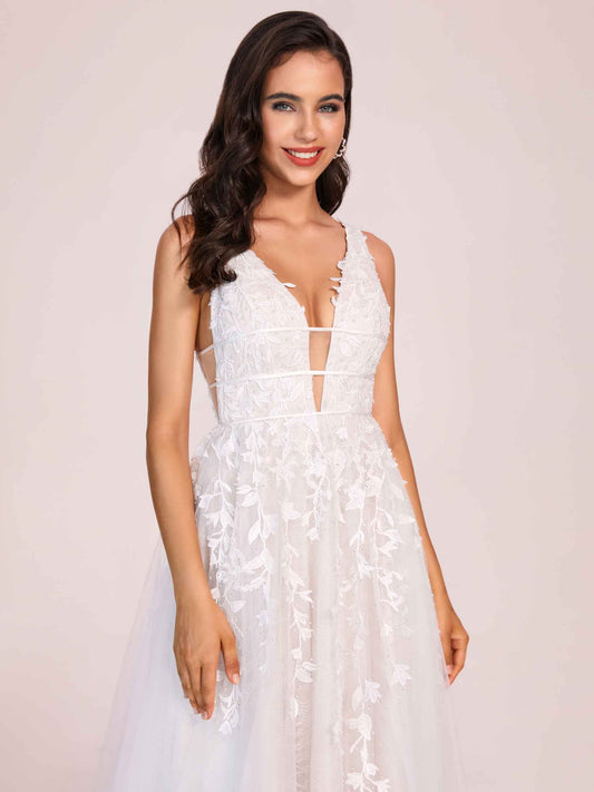 Fancy V-neck A-line Zipper Back Lace Floor Length Wedding Dress