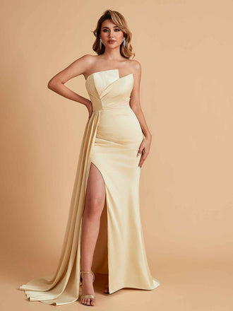 Elegant Satin Sleeveless Asymmetrical Mermaid Side Slit Floor Length Bridesmaid Dresses