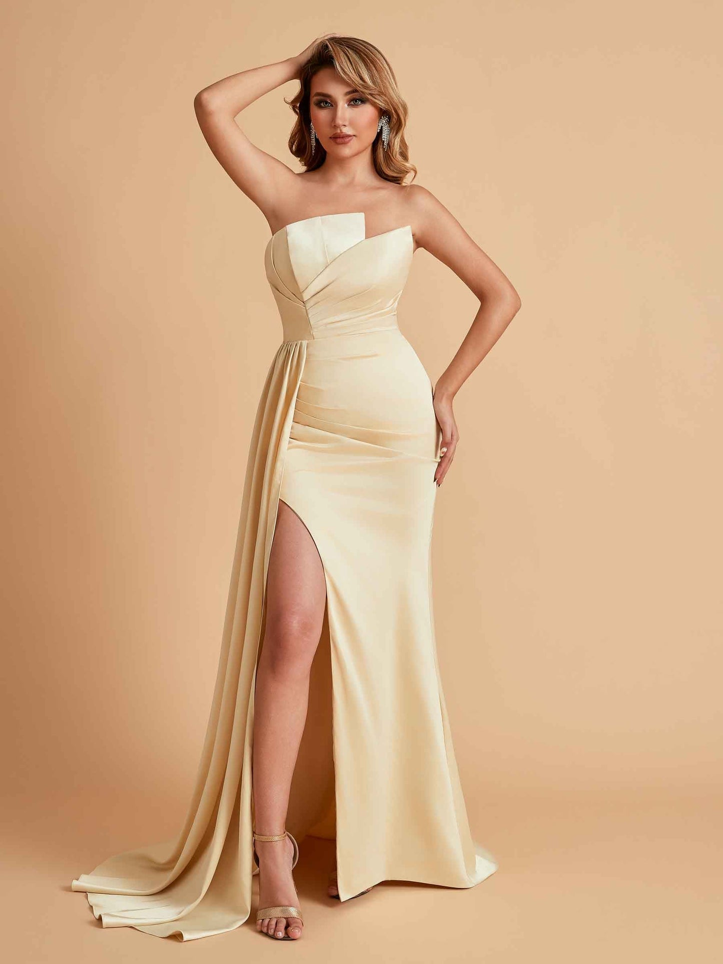 Elegant Satin Sleeveless Asymmetrical Mermaid Side Slit Floor Length Bridesmaid Dresses
