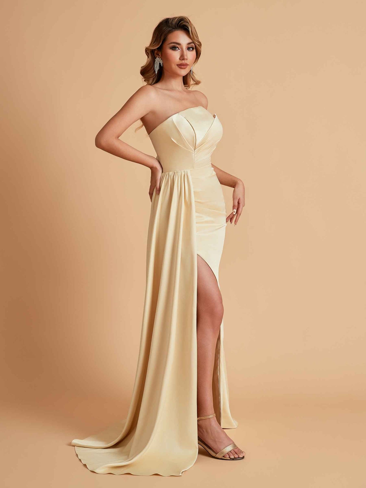 Elegant Satin Sleeveless Asymmetrical Mermaid Side Slit Floor Length Bridesmaid Dresses