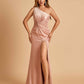 Unique Satin One Shoulder Sheath Bridesmaid Dresses Open Back Side Slit Floor Length