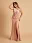 Unique Satin One Shoulder Sheath Bridesmaid Dresses Open Back Side Slit Floor Length