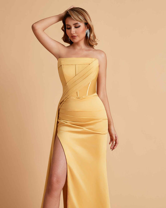 Elegant Satin Straight Neck Mermaid Side Slit Floor Length Bridesmaid Dresses