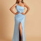 Satin One Shoulder Sheath Prom Dresses Spaghetti Straps Side Slit Floor Length