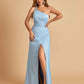 Satin One Shoulder Sheath Bridesmaid Dresses Spaghetti Straps Side Slit Floor Length