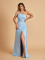 Satin One Shoulder Sheath Prom Dresses Spaghetti Straps Side Slit Floor Length