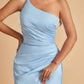 Satin One Shoulder Sheath Prom Dresses Spaghetti Straps Side Slit Floor Length