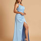 Satin One Shoulder Sheath Prom Dresses Spaghetti Straps Side Slit Floor Length