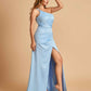 Satin One Shoulder Sheath Prom Dresses Spaghetti Straps Side Slit Floor Length