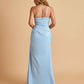 Satin One Shoulder Sheath Prom Dresses Spaghetti Straps Side Slit Floor Length