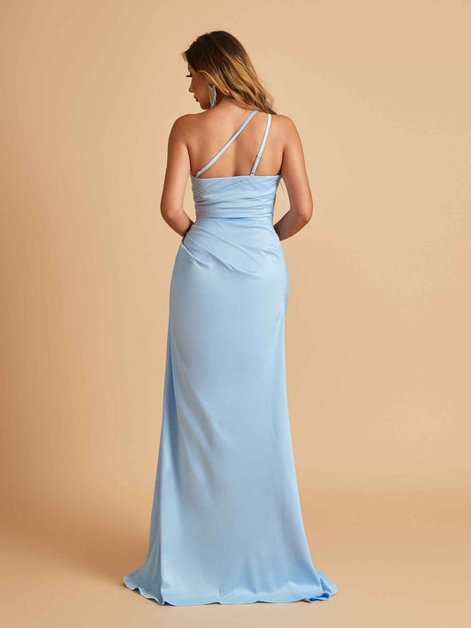 Satin One Shoulder Sheath Prom Dresses Spaghetti Straps Side Slit Floor Length