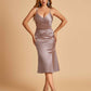 Sexy Satin Midi Mermaid Prom Dresses Spaghetti Straps Slip Side Slit