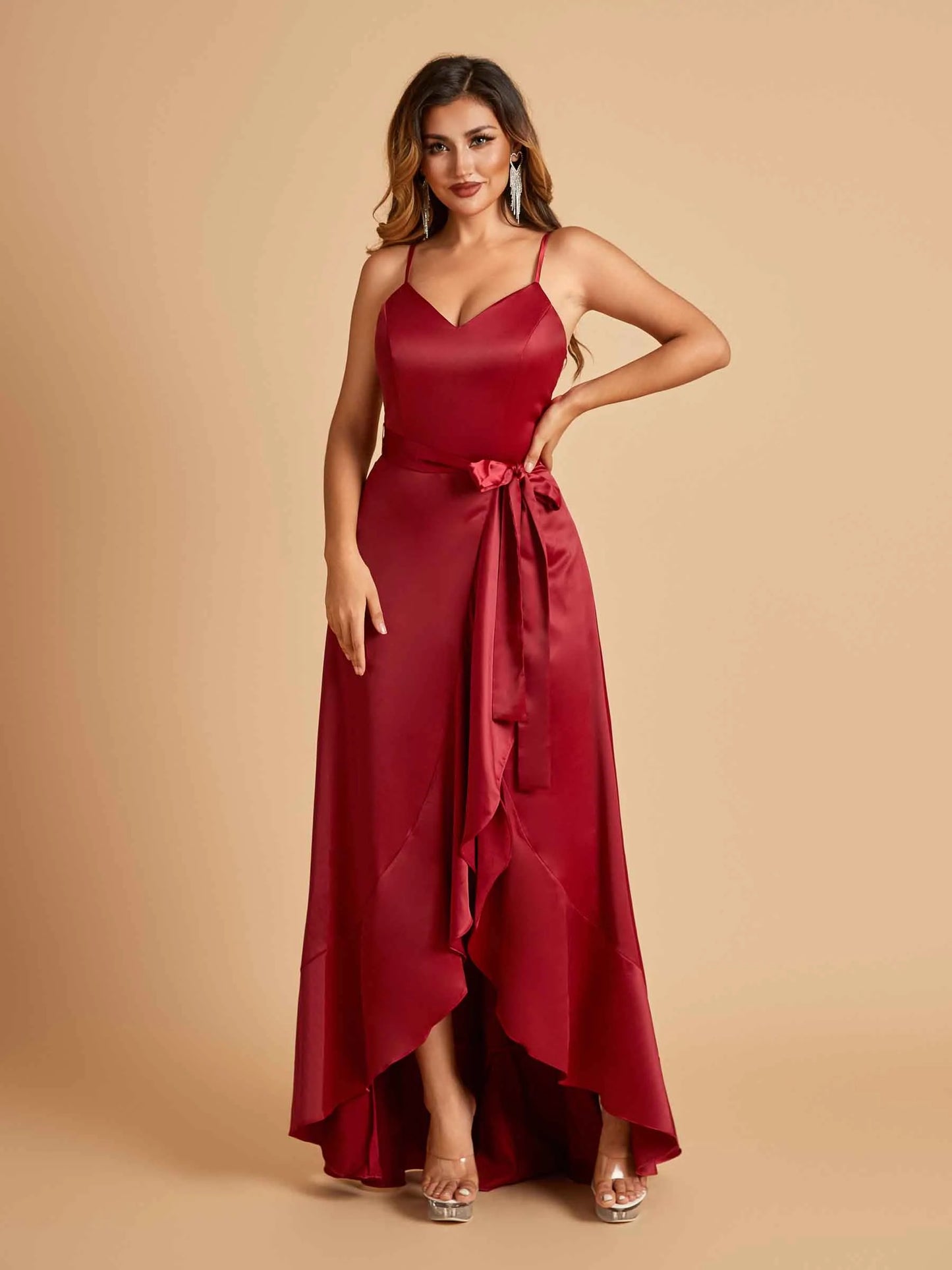 Satin Asymmetric V-neck Bridesmaid Dresses Sleeveless Side Slit A-line Unique For Sale