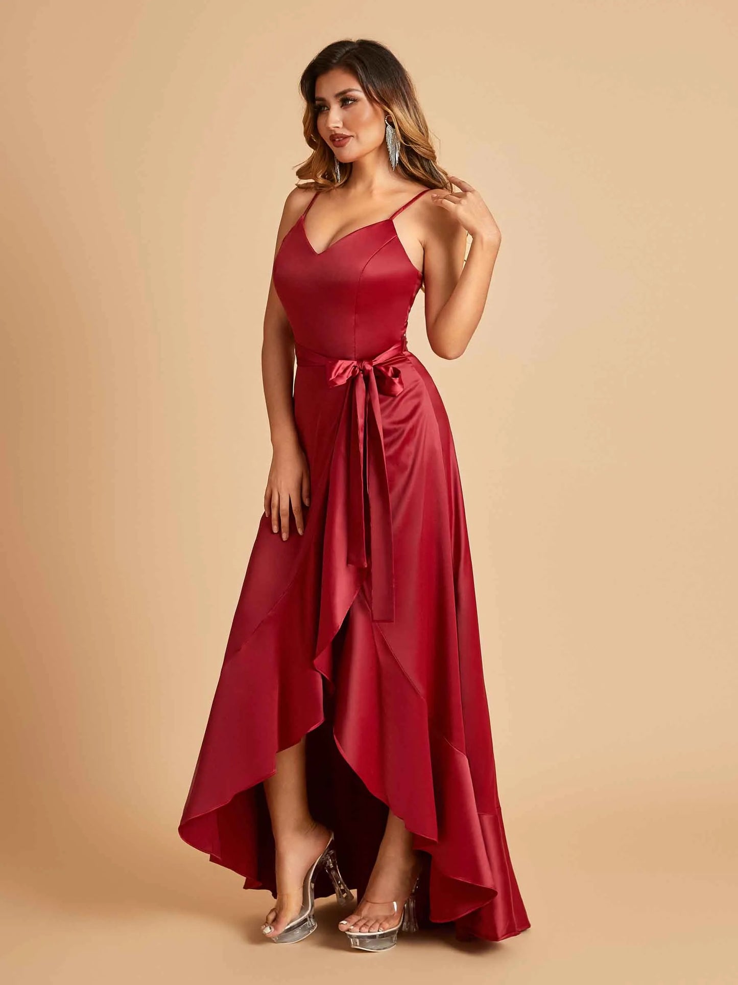 Satin Asymmetric V-neck Bridesmaid Dresses Sleeveless Side Slit A-line Unique For Sale