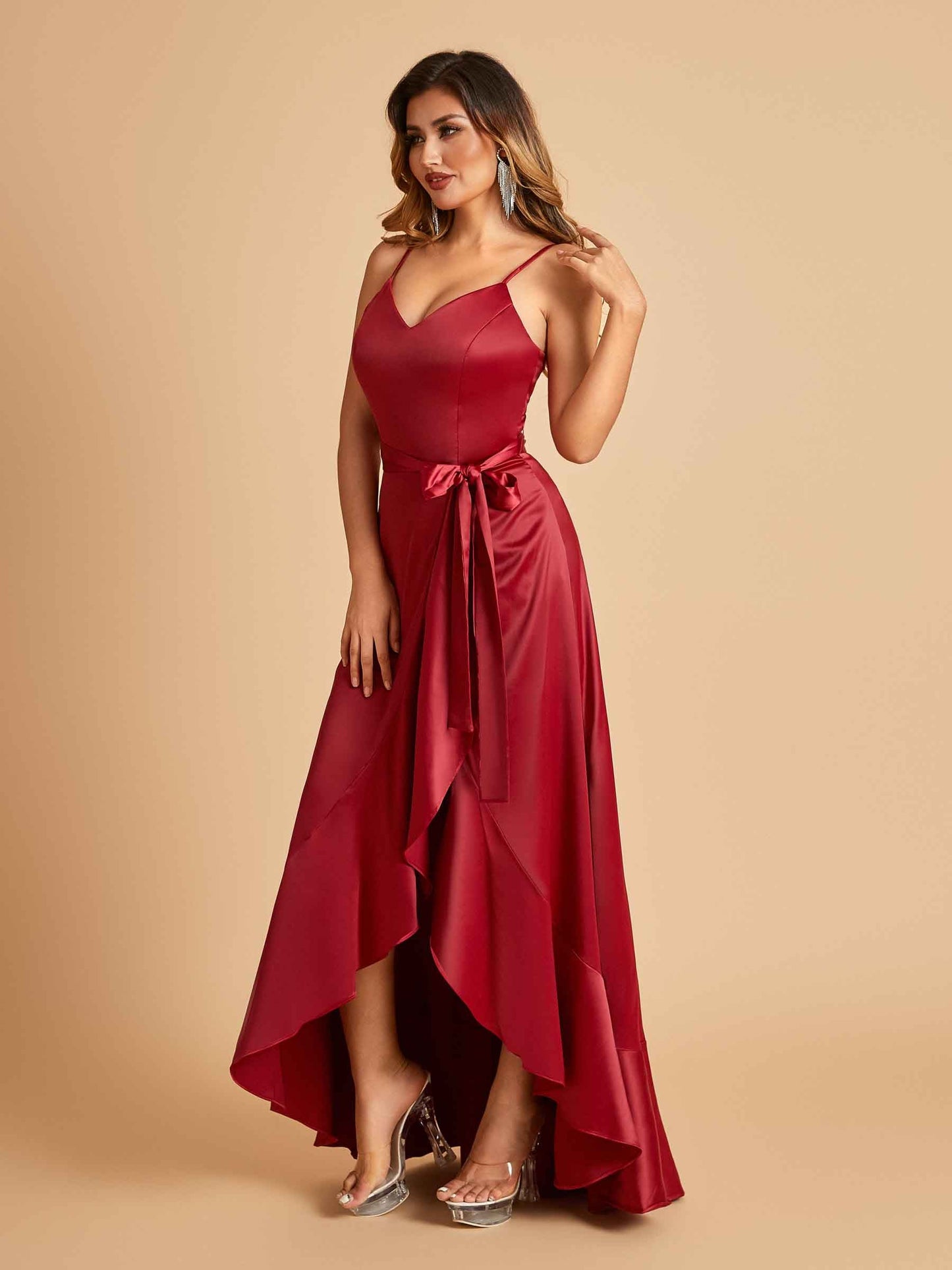 Satin Asymmetric V-neck Prom Dresses Sleeveless Side Slit A-line Unique