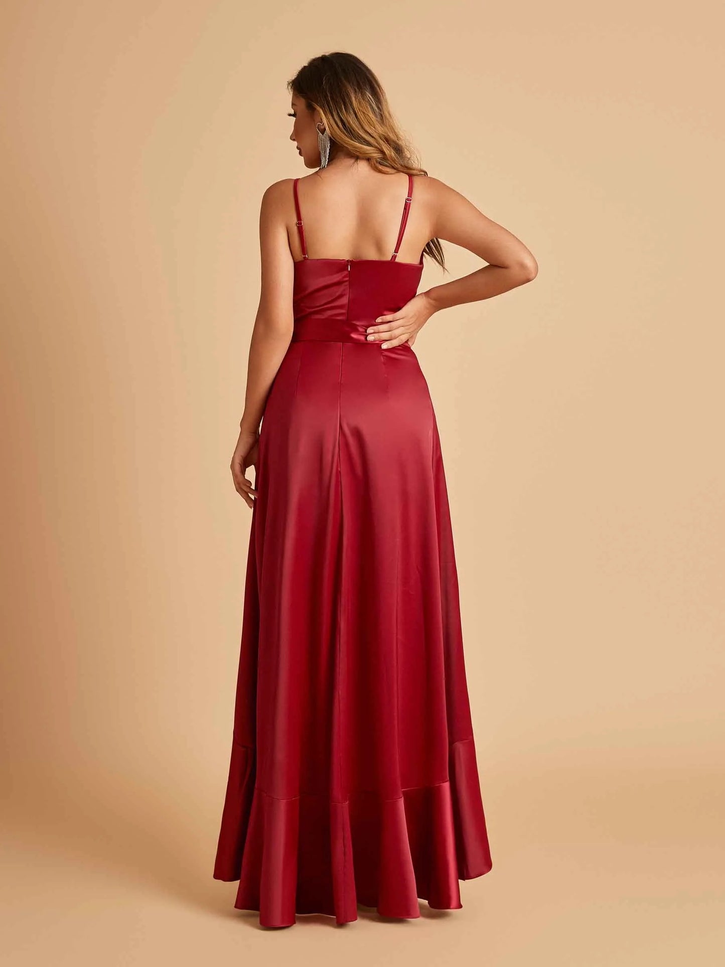 Satin Asymmetric V-neck Bridesmaid Dresses Sleeveless Side Slit A-line Unique For Sale