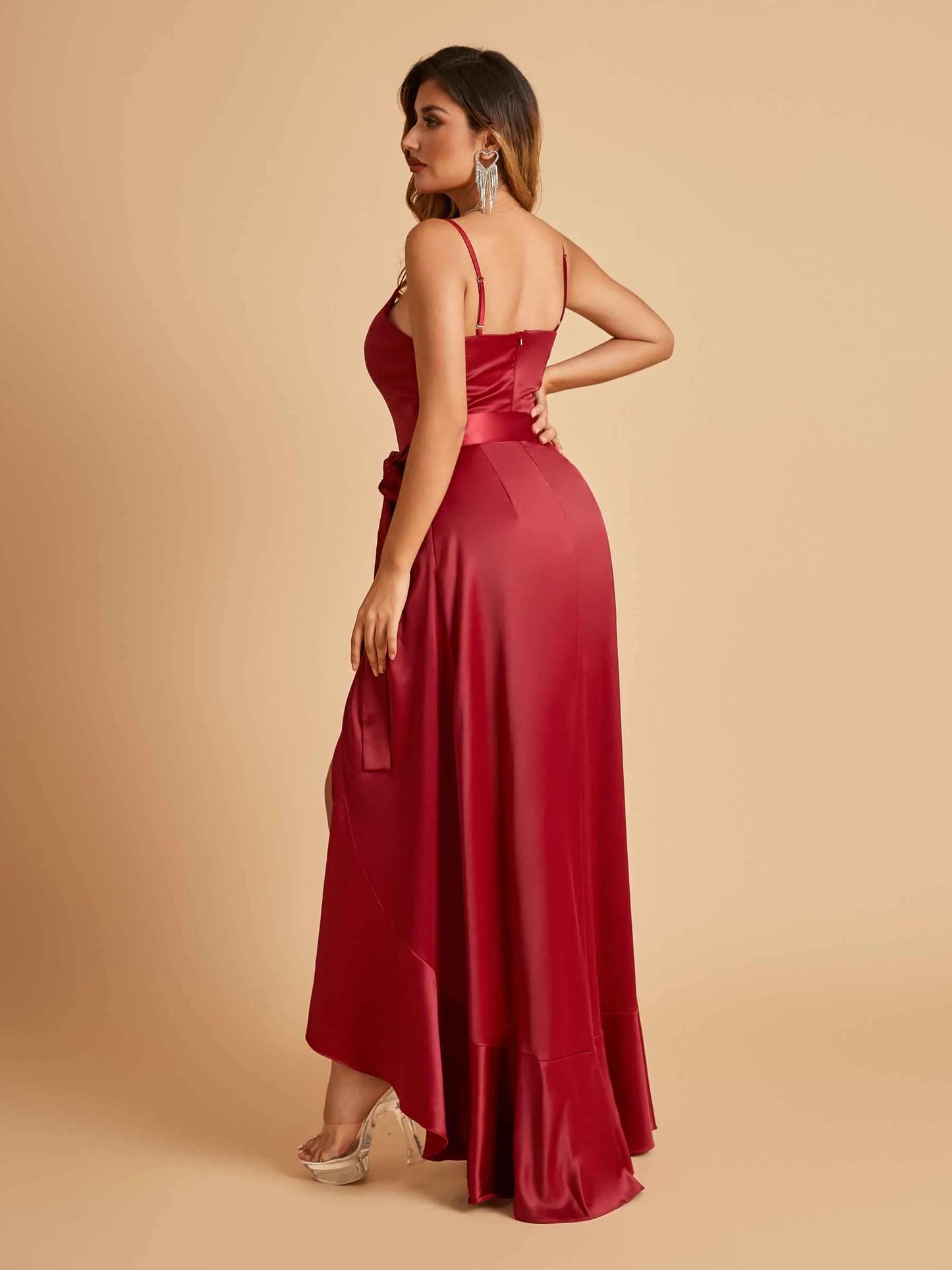 Satin Asymmetric V-neck Bridesmaid Dresses Sleeveless Side Slit A-line Unique For Sale
