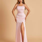 Satin Mermaid Long Bridesmaid Dresses Spaghetti Straps Scoop Side Slit Criss-cross Back