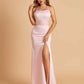 Satin Mermaid Long Bridesmaid Dresses Spaghetti Straps Scoop Side Slit Criss-cross Back