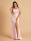Satin Mermaid Long Prom Dresses Spaghetti Straps Scoop Side Slit Criss-cross Back