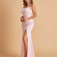 Satin Mermaid Long Bridesmaid Dresses Spaghetti Straps Scoop Side Slit Criss-cross Back
