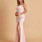 Satin Mermaid Long Prom Dresses Spaghetti Straps Scoop Side Slit Criss-cross Back