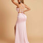 Satin Mermaid Long Bridesmaid Dresses Spaghetti Straps Scoop Side Slit Criss-cross Back For Sale