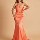 Sexy Satin Mermaid Prom Dresses Spaghetti Straps V-neck Pleats Floor Length