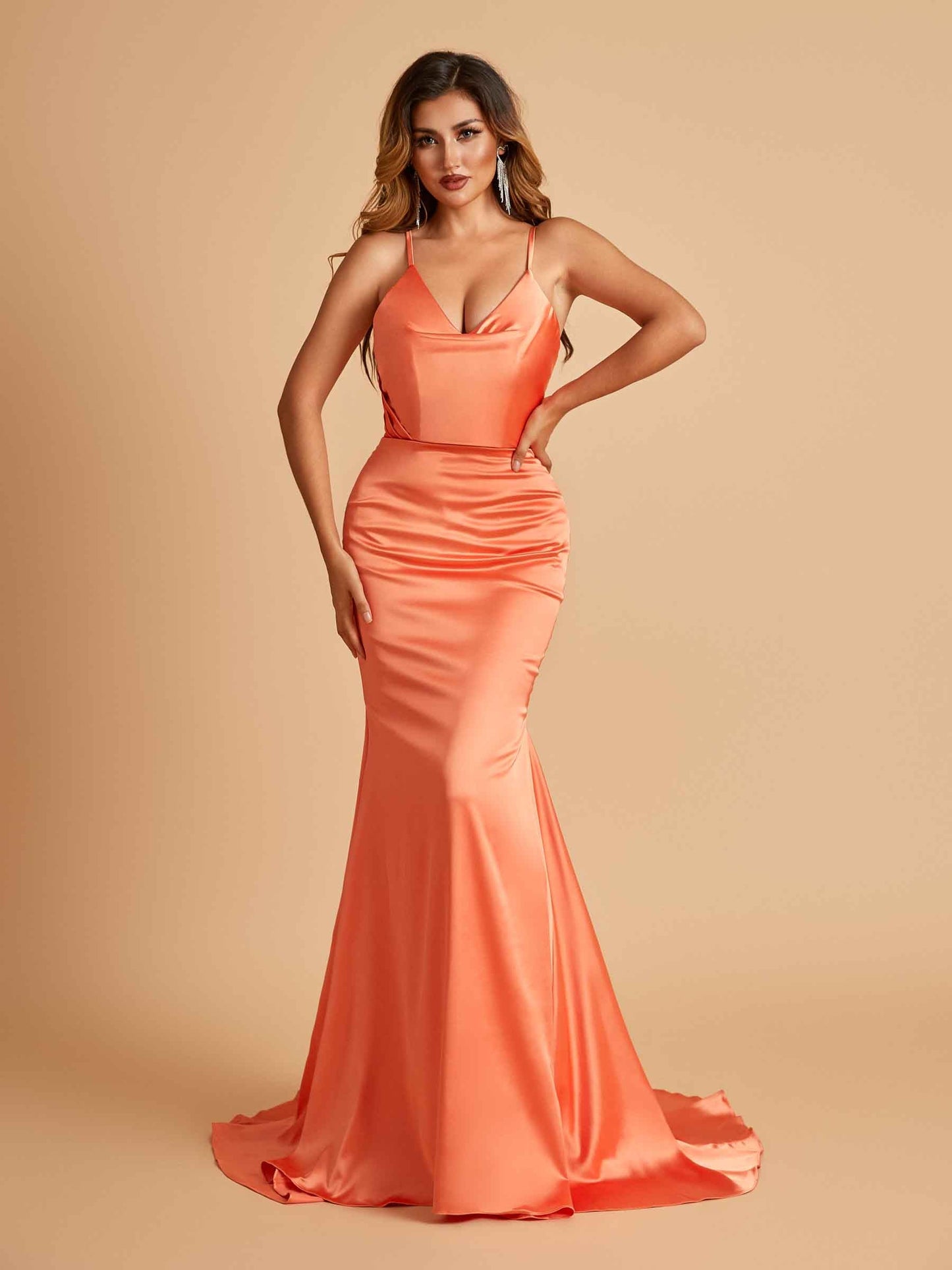 Sexy Satin Mermaid Prom Dresses Spaghetti Straps V-neck Pleats Floor Length